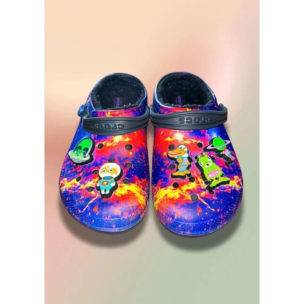 Crocs Classic Lined Galaxy Space Alien Clogs Kids J5 Blue Purple Black w Jibbitz